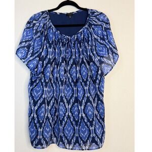 Talbots Women's XL Blue Ikat Print Chiffon Blouse Flutter Sleeve Tie Neck Top